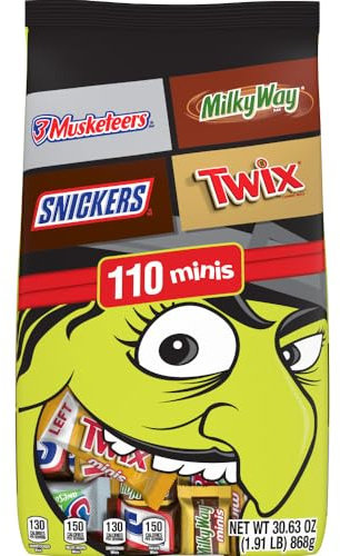 SNICKERS, TWIX, MILKY WAY & 3 MUSKETEERS Chocolate Halloween Candy Bar Assortment, Assorted Chocolate Candy Variety Pack,110 Ct Bulk Bag