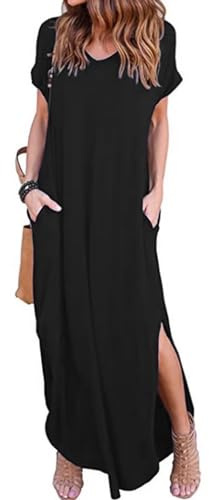 HSAJS Abito a Camicia a Maniche Corte Abiti Lunga Estivo Donna Scollo a V Vestito Donna Elegante Gonna Lunga a Party Cocktail Clubwear Nero Largo Vestiti