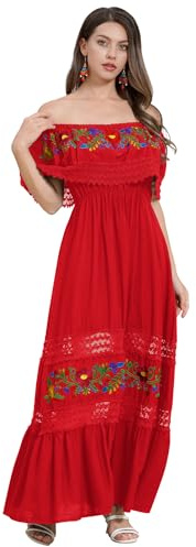 ABEWIP Mexican Dress for Women Floral Embroidery Maxi Off-Shoulder Ruffle Sleeveless Traditional Fiesta Dresses Red XL