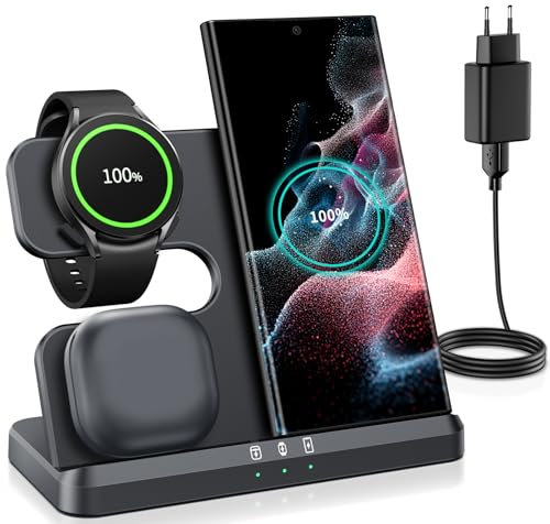 seacosmo Wireless Charger, 18W 3 in 1 Induktive Ladestation für Galaxy Watch 8/7/ Ultra /6 Classic/5/4/3/Pro, Kabelloses Ladegerät Kompatibel mit Samsung S24/23/22/21/FE/PLUS/Ultra Flip/Fold und Buds