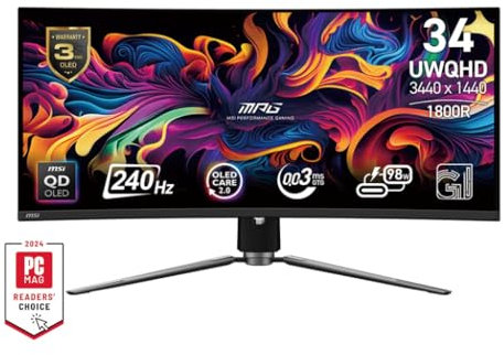 MSI MPG 341CQPX QD-OLED 34-inch Curved OLED Gaming Monitor, 3440 x 1440 (UWQHD), 0.03ms Response Time, 240Hz, HDR 400 True Black, HDMI, DP Port, USB Type C, Tilt,