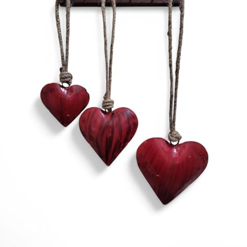 Mango Gifts Rustic Elegance Metal Heart Wall Decor in Antique Gold Finish, Vintage Wall Hanging Art, Country Theme Farmhouse Decoration Set of 3 Pieces (Red)