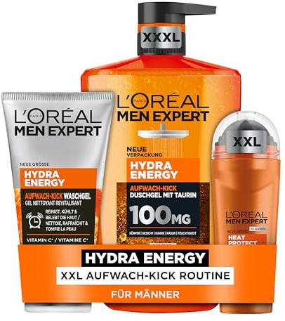 L'Oréal Men Expert Pflegeset für Männer, Mit XXXL Duschgel, XXL Deoroller und XXL Waschgel, Set für Herren mit Taurin, Vitamin C und Keramik, Hydra Energy, Heat Protect, 3-teilig