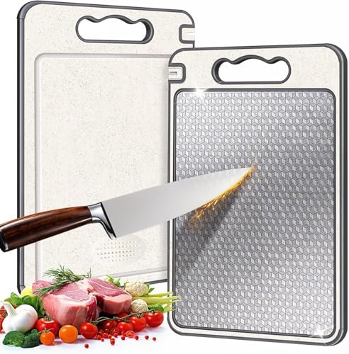 Double-Sided Chopping Board- Stainless Steel Cutting Board, Food-Grade 304 Wheat Straw cuttingboard for Meat and Vegetables, Scratch-Resistant Mesh Design with Juice Groove - Pale Grey