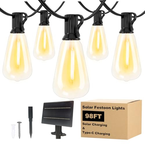 Spacelumen 30M Outdoor Festoon Lights Solar Powered with 37+2 ST38 LED Bulb | Shatterproof Outside Patio String with 3 Modes, Waterproof Solar String Lights Outdoor Garden for Outside Garden Backyard