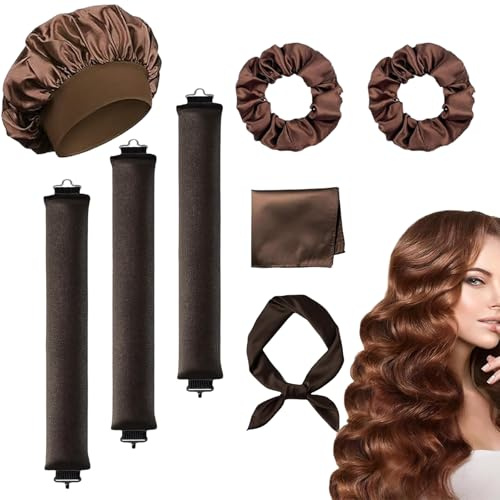 Heatless Curlers, Heatless Blowout Rods, 8 Pcs Hair Curlers No Heat Curling Iron Night Cap Scarf Silk Dcarf Headband, Overnight Blowout Rods DIY All Women Curls Hair Types (Brown, One Size)