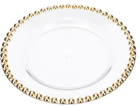 FUNNETOYU Assiette à Steak Multifonction en Verre, Bordure Perlée, Dorure Élégante, Réutilisable et Facile à Nettoyer, pour Service de Table et Dîner