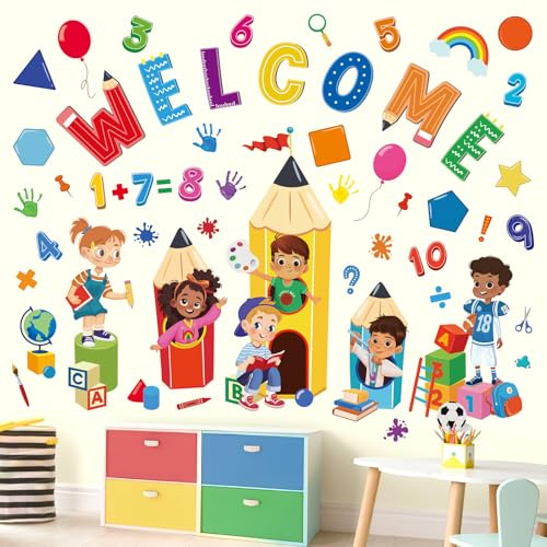 wondever Pegatinas de Pared Libros de Lectura Niños Adhesivos Decorativos | Lápiz Colorido Números Geométrica Vinilos Pared para Aula Habitación Infantiles Guardería