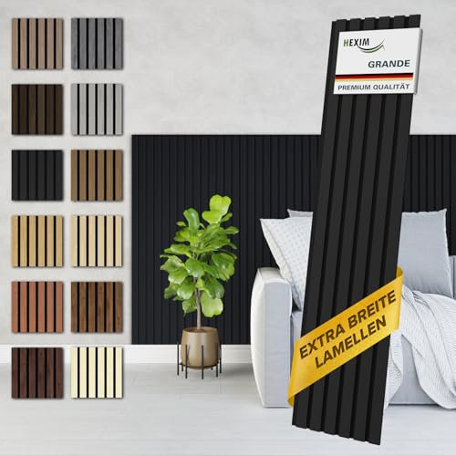 HEXIM Akustikpaneele 2 Stück 140x30cm Holz Grande - Wandpaneele Platten Lamellen Holzpaneele Echtholzfurnier 21mm Filz Schalldämmung MDF Schwarz (0,84m² Black Ash)