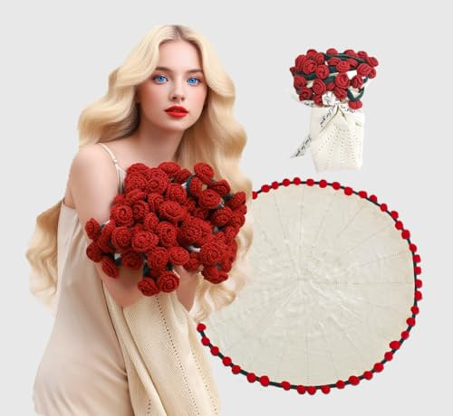Crochet Flowers Red Rose Blanket Bouquet Knitted Throw Blanket for Couch Soft Blanket Gifts for Valentine's Day Teacher Mom Graduation Birthday Women Home Decor 43 Inches
