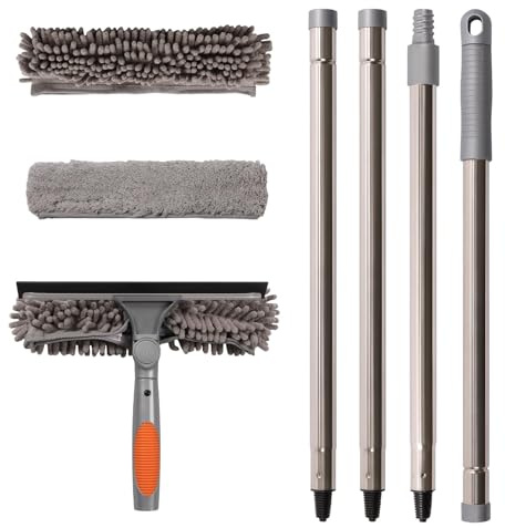 Terafeels 170 cm Limpia Cristales Ventanas 2 en 1 con Mango Extensible, Limpia Cristales Limpiador de Ventanas con Escobilla de Silicona & Paños de Microfibra (Gris)