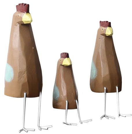 LAIOUSN Pequeñas figuras de pollo de madera, juego de 3 adornos para alféizar de la ventana de la cocina y repisa del hogar, esculturas, modelos de animales de madera