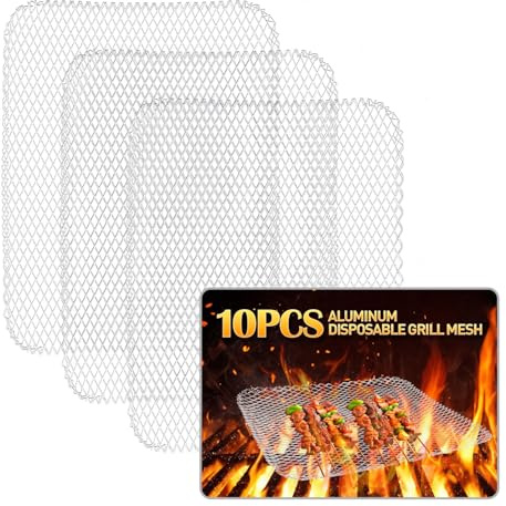 PRC STANDARD 10 Pcs Disposable Grill Topper,16x12 Inch Grill Mesh Mat Disposable Pans,Non-Stick BBQ Aluminum Mats for Outdoor Grills, Easy to Clean