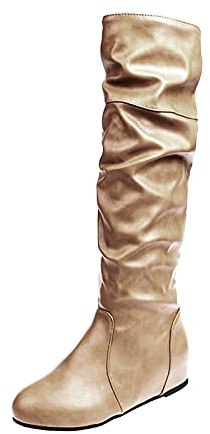 Stivali in pelle da donna con zeppa – Stivali alti al ginocchio a gambo lungo, in pelle PU, eleganti stivaletti rialzati all'altezza interna, stivali da cavaliere in pelle, 02 kaki., 39 EU