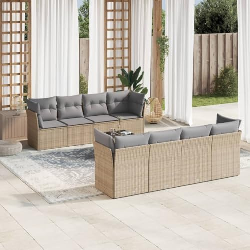 Ordellia 9-TLG. Trädgårdssoffa med kudde beige poly rotting, utomhus uteplats möbelset, loungesoffa med förvaringsutrymme, UV-beständig, härdat glas bordsskiva