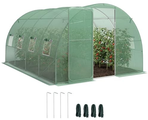 Outsunny Serre Tunnel de Jardin 12m², Serre de Jardin Tunnel 295x400x200cm avec Cadre en Acier galvanisé, Porte et 8 fenêtres, pour extérieur, Toutes Saisons, bâche PE Haute densité 140 g/m² Vert