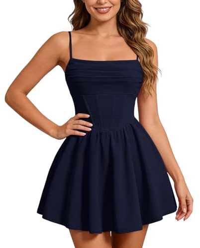 Nlaayong Robe Femme Mini Bretelles Spaghetti Col Carré Corset en Os Volants Bas Robe de Fête Féminine pour Sortie et Cocktail