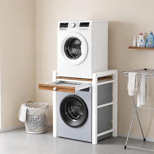 Estantería para lavadora, lavadora y secadora superpuestas, capacidad de carga de 300 kg, armario de lavadora para baño, cocina, balcón, lavandería (blanco con cajones)