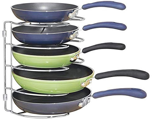 iDesign Pfannenhalter, Schrankeinsatz für 5 Pfannen, praktischer Küchen Organizer für Pfannen und Deckel aus Metall, chrom