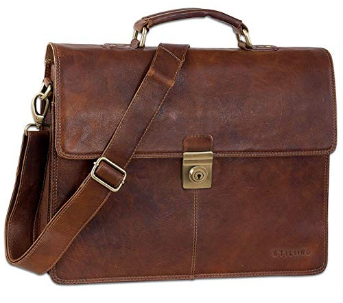STILORD Theodor Herren Aktentasche Leder Dokumententasche Laptoptasche Business Büro Tasche mit Schultergurt Klassisch Vintage Farbe:Prestige - braun