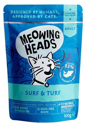 Meowing Heads Wet Adult Cat Food, Chicken, Fish & Beef, 10x100g Pouches | Made With Natural Ingredients. Taurine-Enriched. Fortified With Vitamins & Minerals. No Nasties or Fillers