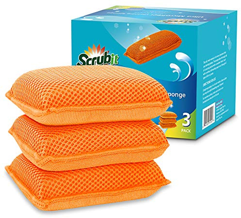 Scrub-It Miracle Microfiber Kitchen Sponge by - Non-Scratch Heavy Duty Dishwashing Cleaning sponges- Machine Washable- (Orange)