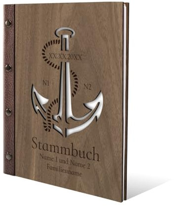 Stammbuch Nussbaum Holz Gravur individuell Holzcover mit Echtleder Rücken und Extras Stammbuchformat hoch 175 x 220 mm - Anker