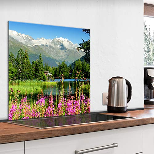 murando Glass Splashback for Kitchen Backsplash Cooker Protector | Tempered Glass Decorative Wall Art Panel Heat Resistant Graphic 60x60 cm / 24x24 Landscape Mountains Lake Alps