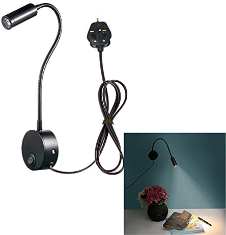 BoYeeBo Flexible 3W LED Bedside Reading Lights, Wall Mounted LED Wall Lamp Working Study Light with Plug & Switch for Bedroom, Office, Workbench, Studio (Black,6000K)