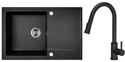 VBChome Spülbecken mit Armaturen 67x44 Schwarz Gesprenkelt Küchenspüle aus Granit Einbauspüle Abtropffläche Einzelbecken mit Siphon Fleckenbeständig Pflegeleicht Armaturen mit Ausziehbarer Wasserhahn