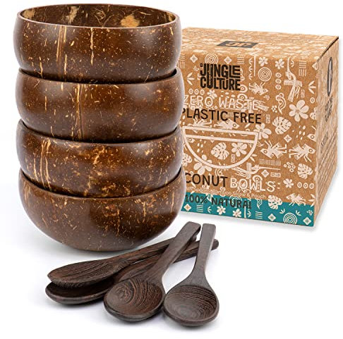 Jungle Culture® Set di 4 Ciotole in Noce di Cocco con Cucchiai, Cannuccia e Sacchetto • Ciotola de Legno per servire l'insalata, Frullati di Acai Pasta Cereali • 100% Prodotto Naturale • Coconut Bowls