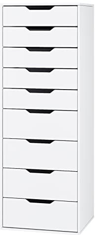 FOREHILL 124,5 cm Cassettiera alta Bianca,Cassettiera a 9 cassetti,Comò con Cassetti Comodino in Legno,Mobiletto Autoportante per Soggiorno, Camera da Letto, Corridoio, Cucina 40 x 45 x 124cm