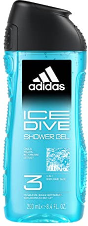adidas, Ice Dive Gel Doccia Bagnoschiuma 3 in 1 per Corpo, Capelli e Viso, Formula Vegana, 250ml
