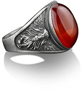 BySilverStone Jewelry Geflügelter Löwe Silber Herrenring, Ovaler Karneol Siegelring Silber Mann Ring, Afrikanischer Löwe Herren Ring, Silber Löwe Karneol Ring, Ehemann Geschenk