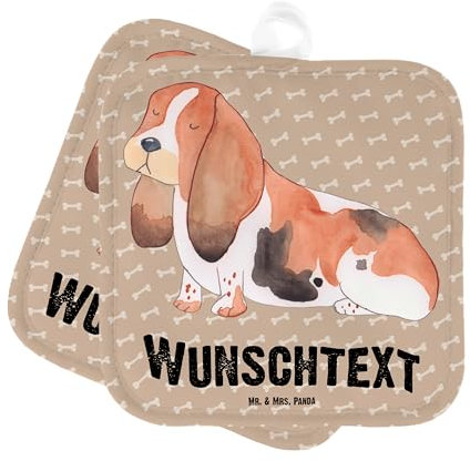 Mr. & Mrs. Panda Personalisierte Topflappen Hund Basset Hound - Geschenke, Set Personalisiert, Namensaufdruck, Sprüche, Lustig, mit Namen, Personalisierter Ofenhandschuh, Topfuntersetzer, Süß