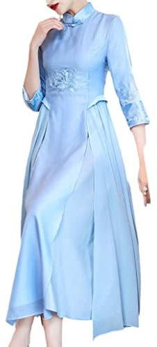 CHONG FENG XIA Cheongsam Robe printanière pour femme Printemps Marée chinoise Longueur moyenne Service à thé chinois, bleu, M