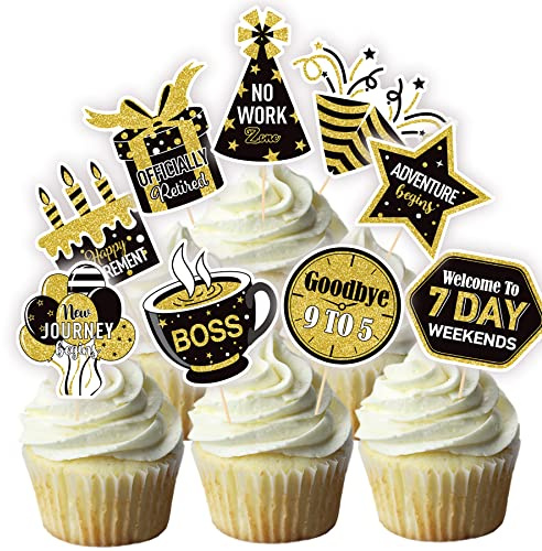36 Pcs Happy Retirement Cupcake Toppers - NO DIY - Retired Cupcake Picks Retirement Theme Party Cake Decorations Gold Glitter