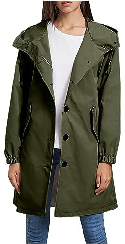 Long Waterproof Coat Women Plus Size Lightweight Raincoat Long Sleeve Rainproof Trench Coats With Hood Button Down Hooded Outwear Solid Casual Windbreak With Pocket Army Green 3XL