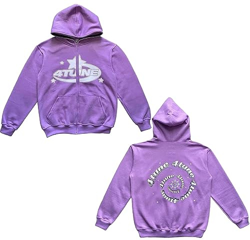 Felpa con Cappuccio e Zip da Uomo 4 Tune Felpa con Stampa di Lettere a Stella retrò Felpa con Cappuccio Streetwear Felpa con Cappuccio a Maniche Lunghe Fodera in Pile(Purple,L)
