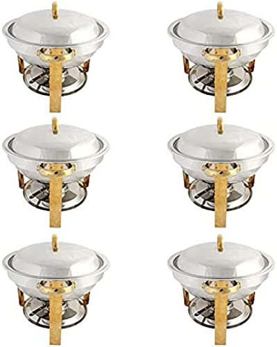 Full Size Round Chafing Dish Pack Of 6, 4 Qt Stainless Steel Gold Catering Buffet Warming Container Set With Food Pan, Water Pan, Lid, Frame And Fuel Holder