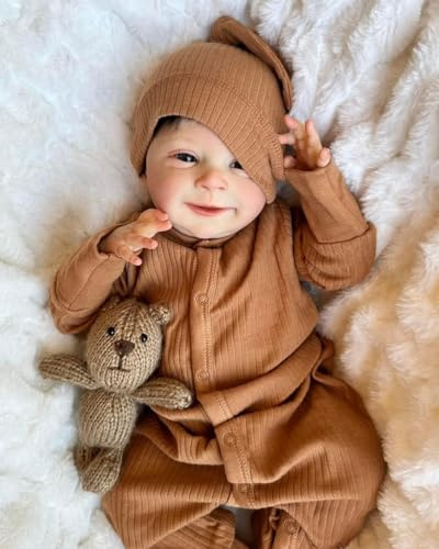 RXDOLL Realistisk nyfödd baby dockor leende pojke 45 cm verklighetstrogen Reborn baby dockor ögon öppen Reborn bebis, äkta utseende mjuk tyg kropp reborn björn docka