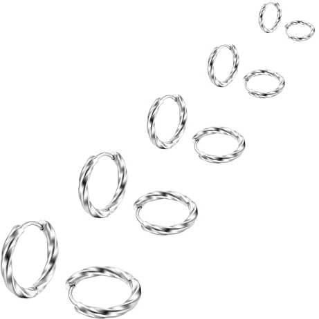 Hinvan 5 Paar Set Titan Edelstahl Ohrringe für Damen Herren Mädchen, Creolen Klein 8-16MM, Gedrehte Ohrringe für Männer