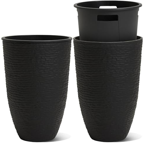 Worth Garden - Paquete de 2 macetas altas negras de 21 pulgadas de alto con macetas interiores, macetas redondas grandes de plástico de 14 pulgadas de diámetro, acabado decorativo de piedra de