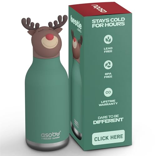 ASOBU Bestie - Borraccia isolata in acciaio inox, con morbida testa di animale rimovibile, per bambini e ragazzi, con cannuccia flessibile riutilizzabile, 473,6 ml, motivo: renna