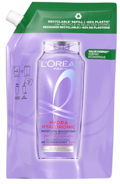 L’Oréal Paris Shampoo For Dry Dehydrated Hair, Elvive Hydra Hyaluronic Moisture Refill Pouch With Hyaluronic Acid, -60% Plastic Waste, 72H Hydration For Bouncy And Shiny Hair, 500ml Pouch Format
