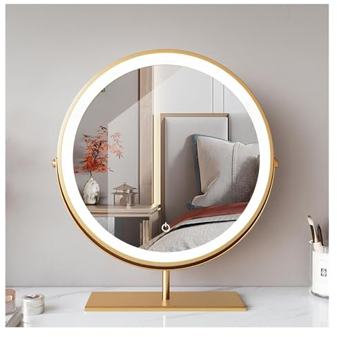 NOIRDA Beleuchteter Kosmetikspiegel Mit Lichtern, Runder Schminkspiegel, Helligkeit Einstellbar, 360° Drehbarer Standspiegel Für Kosmetiktisch, Tisch, Schlafzimmer, Badezimmer(Gold,43cm/16.9in)