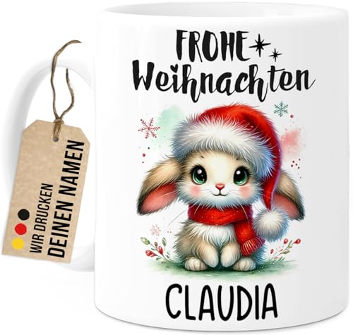 Tassenliebling® Hase Tasse personalisiert - Kindertasse mit Namen - Frohe Weihnachten - Hase Geschenke - Weihnachtstasse - Personalisierte Geschenke Kinder - Kinderbecher aus Keramik 330ml