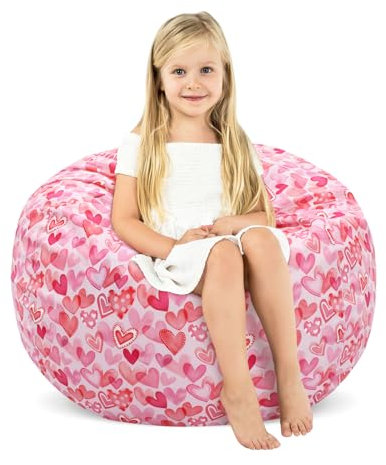 Kids Bean Bag Chair-Cover Only-Large Stuffed Animal Storage Bean Bag for Girls Boys Indoor Outdoor (No Filling),Pink Hearts