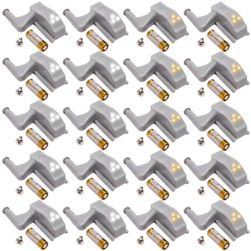 20 unidades de luz LED con sensor de bisagras, luz LED universal para bisagras interiores, armario Hinge LED Sensor Light, funciona con pilas para armarios y armarios