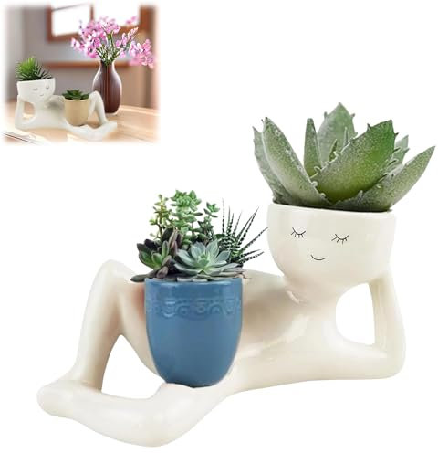 Lazy Guy - Maceta única para suculentas, macetas divertidas para plantas suculentas, macetas de resina con cabeza de flor, para decoración del hogar y jardín (azul)